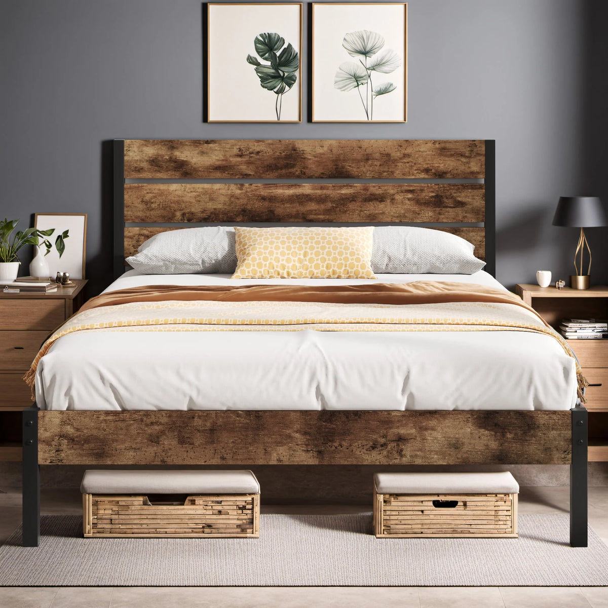 Queen Bed Frame with Wood Headboard and Footboard S342422