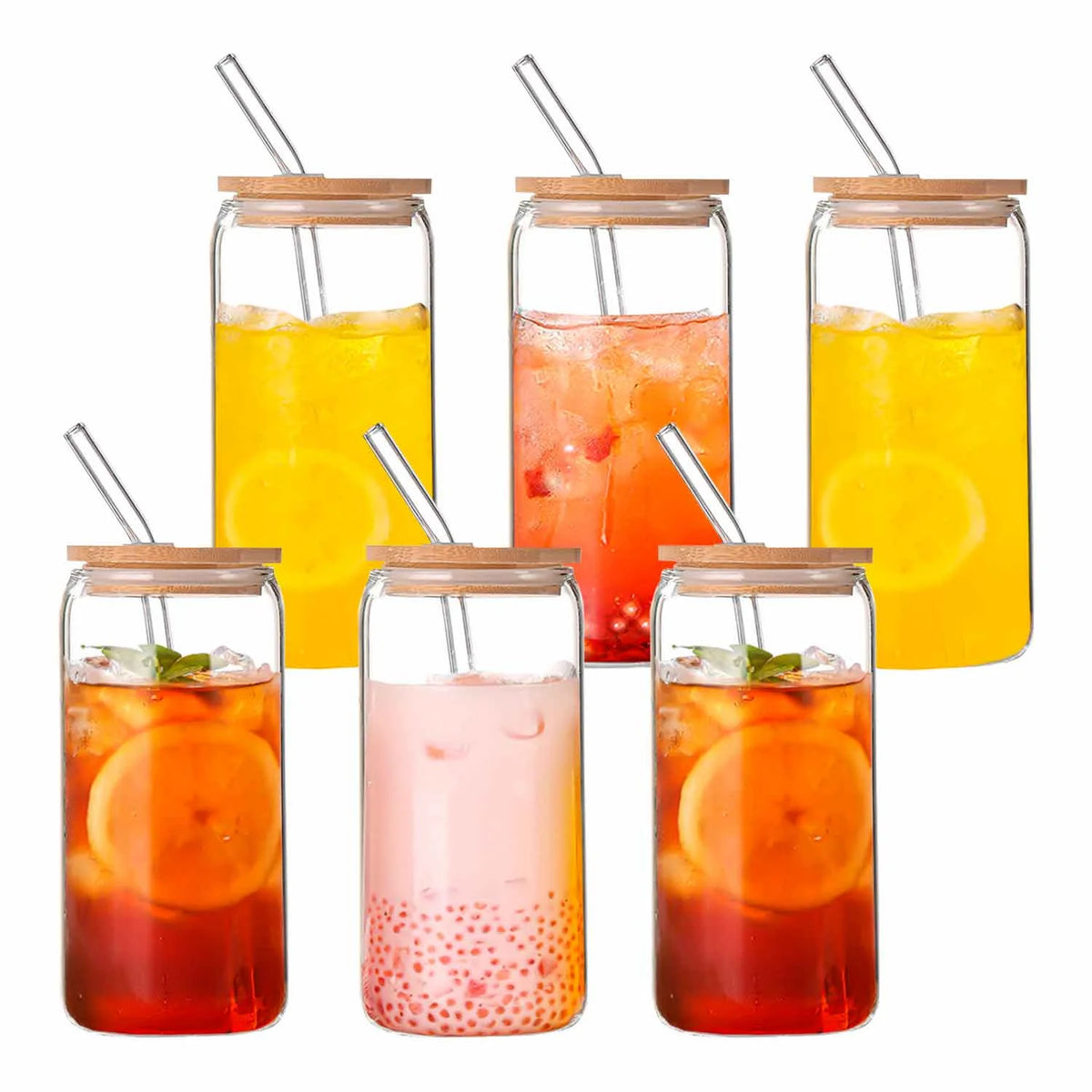 Can Shaped Glass Cups with Bamboo Lids and Glass Straw 6pcs W590
