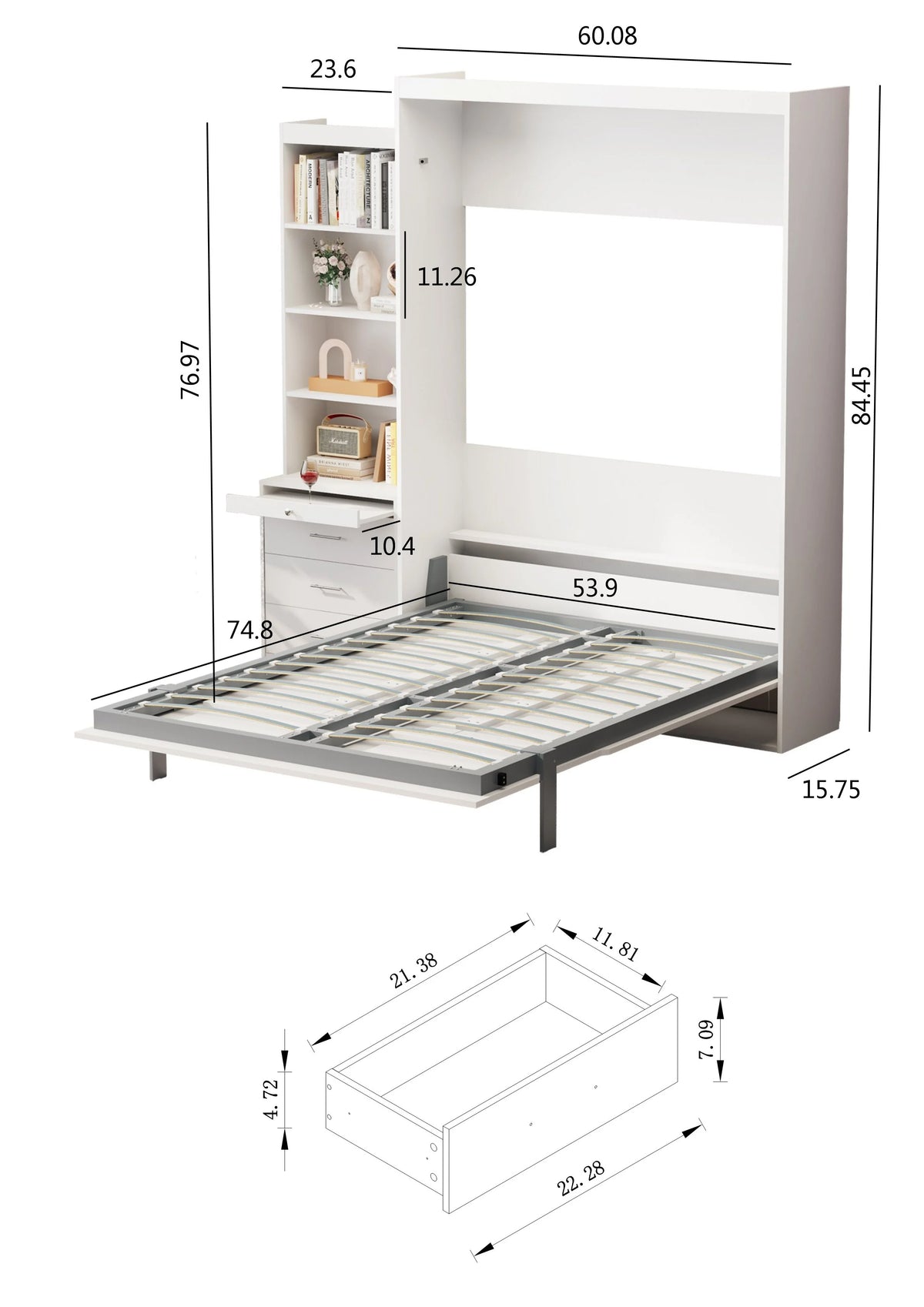 White Full Size Vertical Murphy Bed with Shelf and Drawers H53220