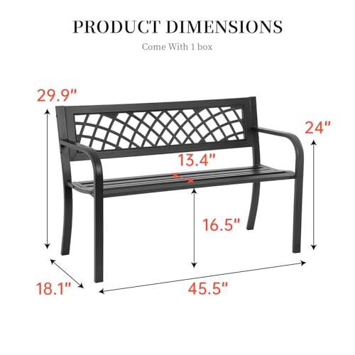 Iron Steel Frame Patio Bench with Mesh Pattern and Plastic Backrest Armrests, Black E3821