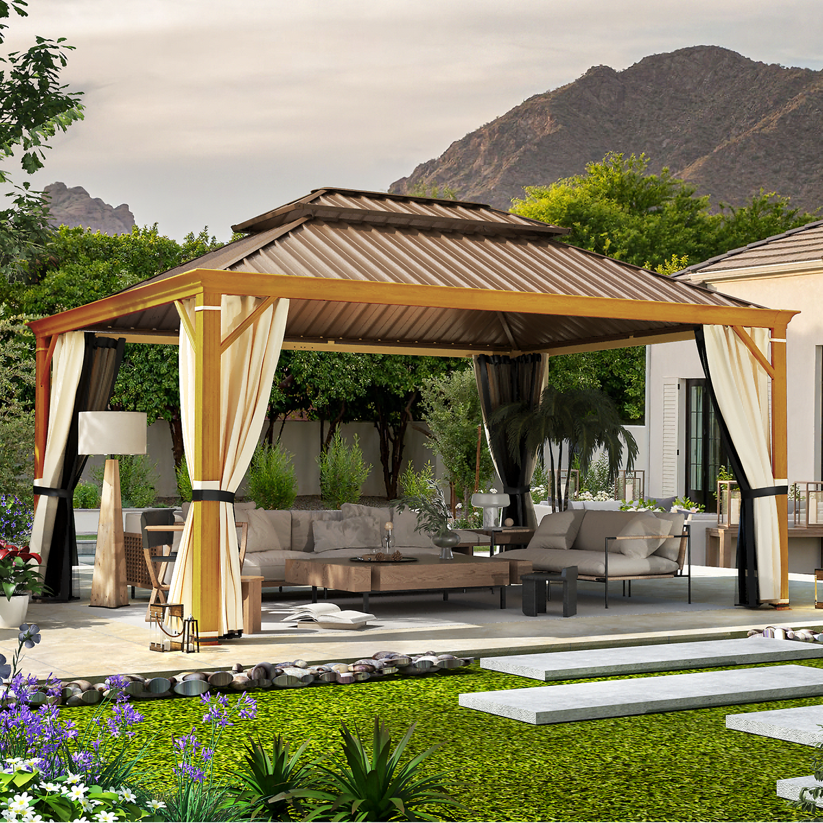 Brown Steel Frame Hardtop Gazebo with Curtains and Netting R954830