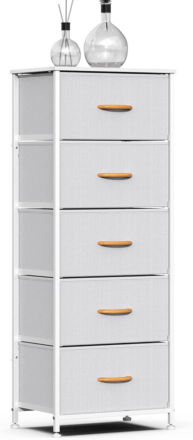 Vertical Dresser Storage Tower, Steel Frame, Wood Top, Fabric Bins, 4 Drawers, Brown Z789