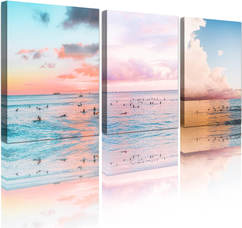 Seashell Beach Painting Seascape Coastal Blue Waves Canvas Print 12x16 inch x 3 Panels K2926
