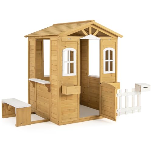 Fir Wood Outdoor Playhouse with Bench, Mailbox, Fence, Windows & Door S206576
