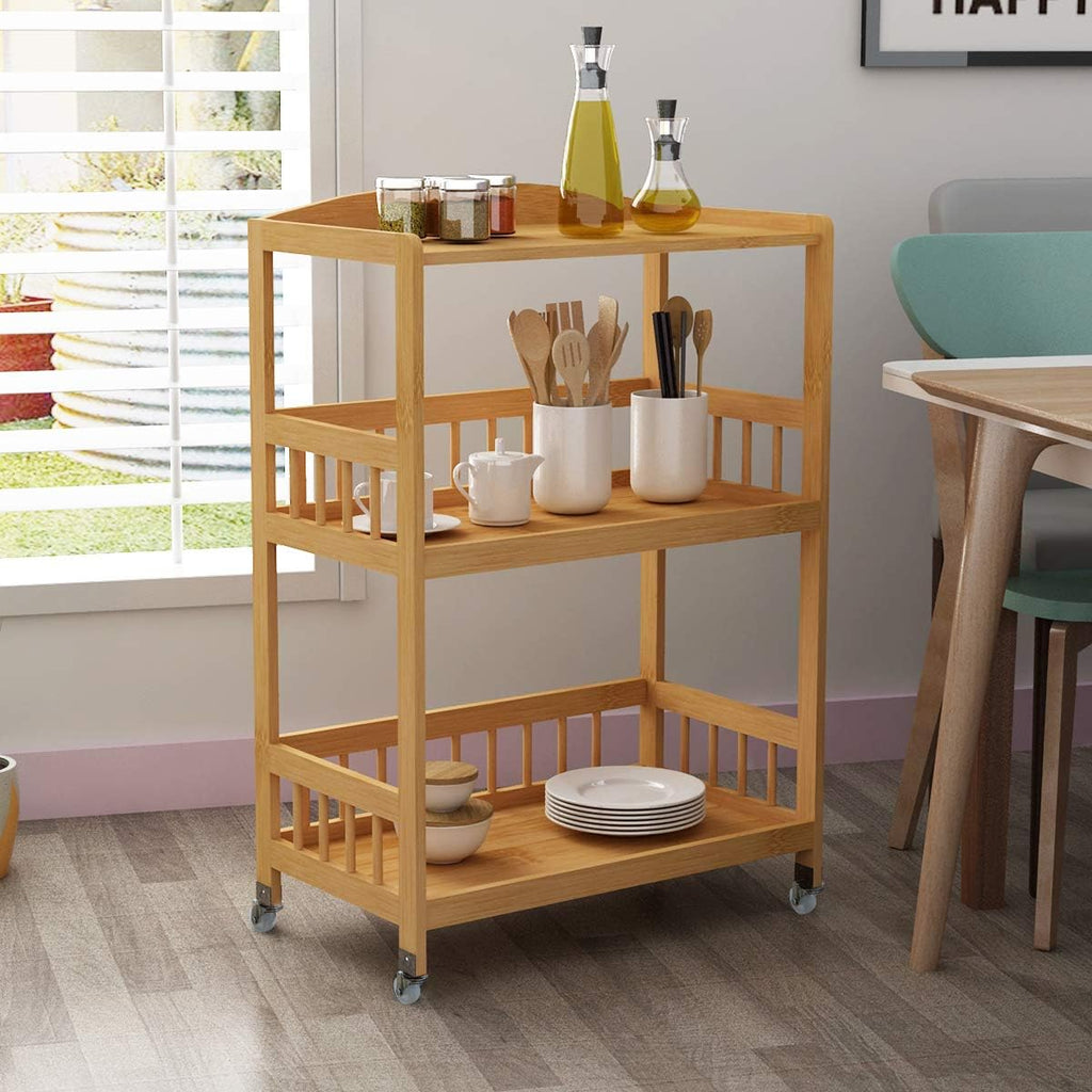 3-Tier Bamboo Storage Utility Cart on Wheels O536