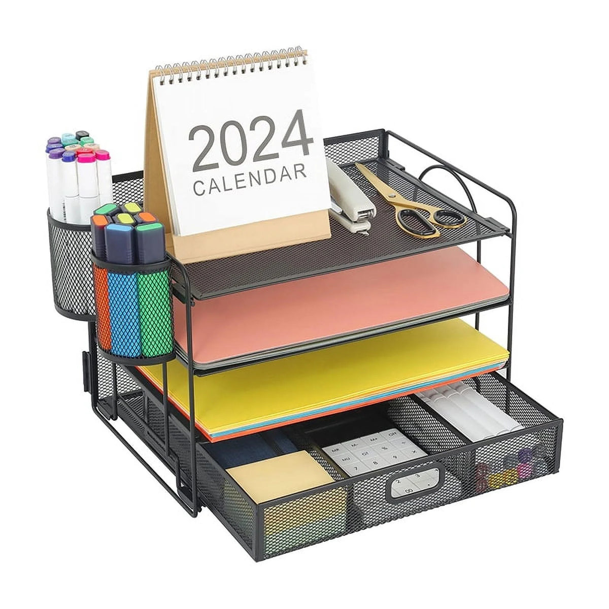 Black 4-Trays Mesh Desktop File Organizer with Drawer and Pen Holder R88168