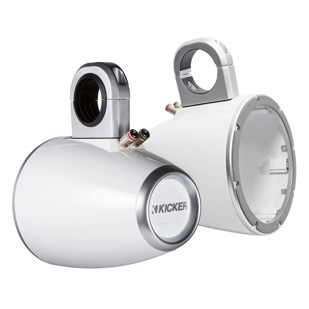 4x Kicker KM60 6.5-Inch Marine White Coaxial Speakers, 4x Kicker Marine KMTESW Tower Enclosure for 6.5-Inch Drivers White, Enrock Audio Marine Grade Spool of 50 Foot 16-Gauge Speaker Wire U910066