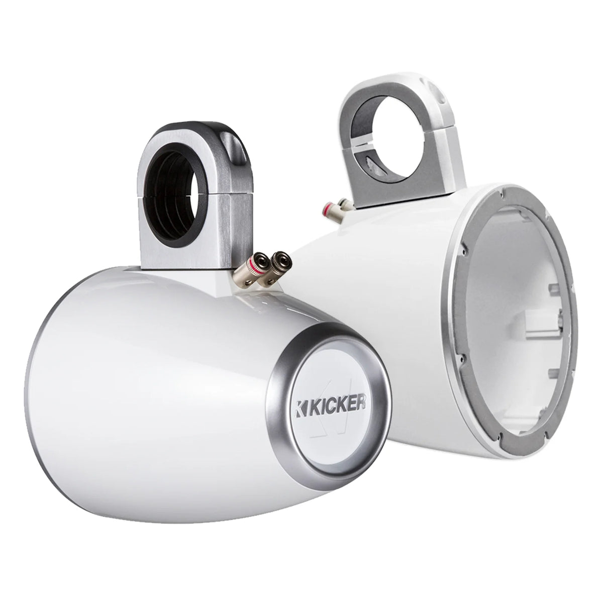 4x Kicker KM60 6.5-Inch Marine White Coaxial Speakers, 4x Kicker Marine KMTESW Tower Enclosure for 6.5-Inch Drivers White, Enrock Audio Marine Grade Spool of 50 Foot 16-Gauge Speaker Wire U910066