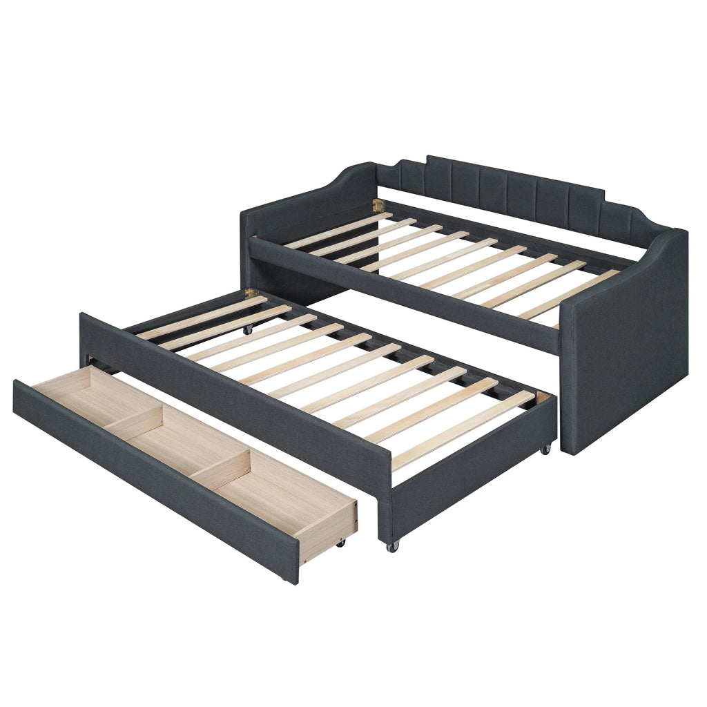 Twin Size Upholstered Daybed with Trundle and Drawers, Dark Gray U969530