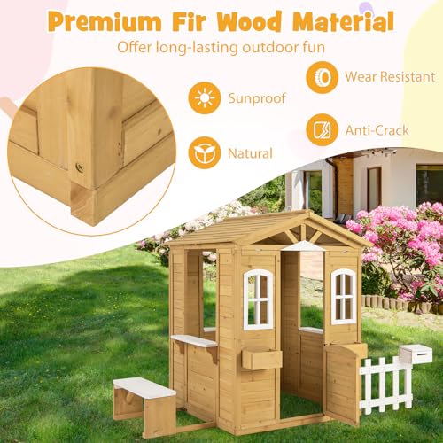Fir Wood Outdoor Playhouse with Bench, Mailbox, Fence, Windows & Door S206576