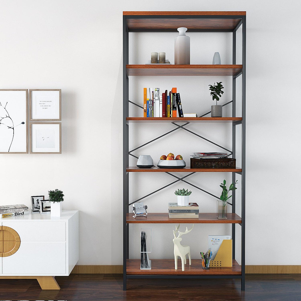 Industrial 5 Shelf Metal and Wooden Bookcase P778