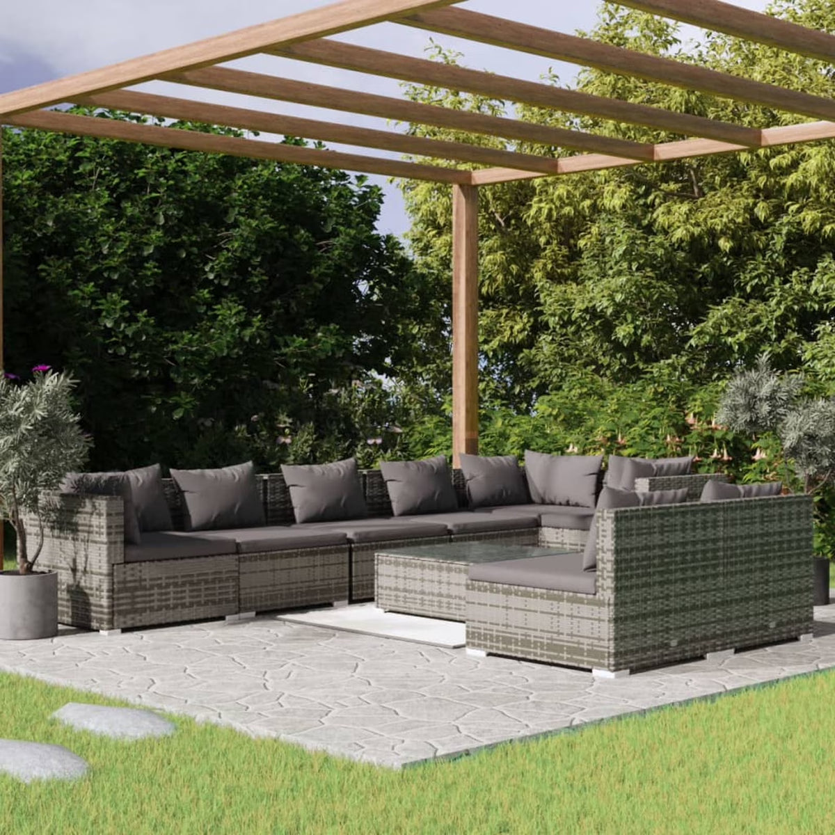 9 Piece Poly Rattan Outdoor Sectional Sofa Set with Anthracite Cushions Steel Frame Z849840