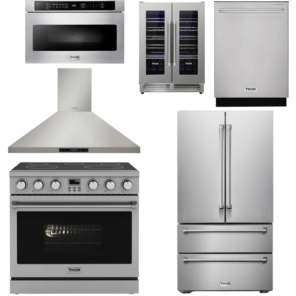 36 Electric Range, Range Hood, Refrigerator, Dishwasher, Microwave and Wine Cooler Z849
