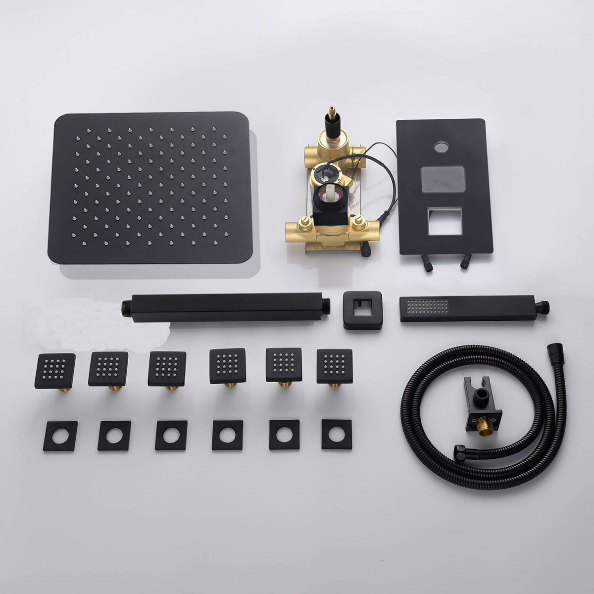 Matte Black Ceiling Mount 16 Inch LED Rainfall Shower System with Body Jets H1158