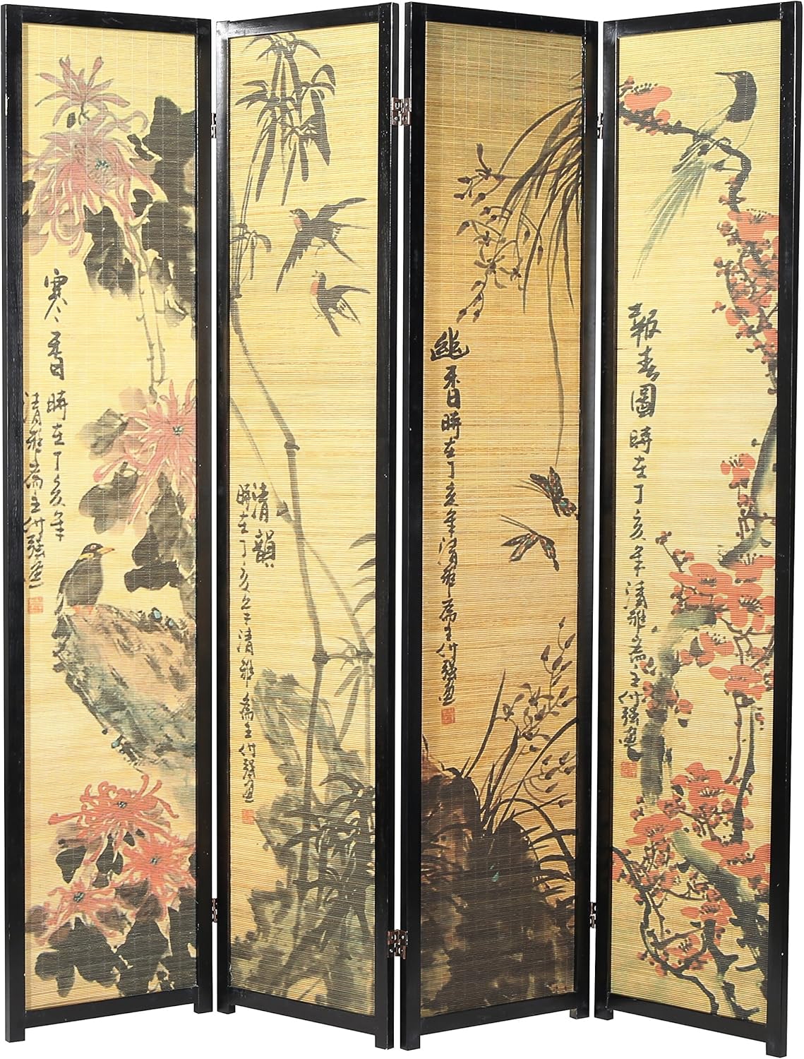 Black Frame 4 Panel Wood Bamboo Room Divider S2004