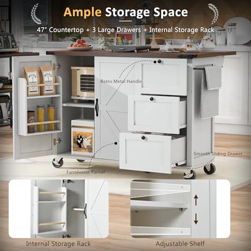 54.5" Farmhouse Mobile Kitchen Island with Power Outlet, Drop Leaf, Spice Rack and Drawer D231