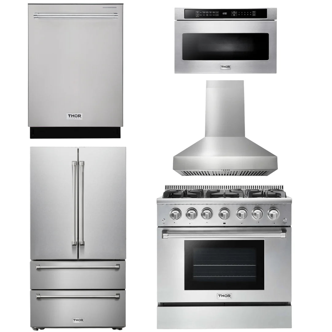 36 In. Natural Gas Range, Range Hood, Microwave Drawer, Refrigerator, Dishwasher J706
