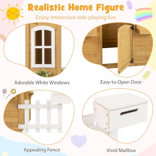 Fir Wood Outdoor Playhouse with Bench, Mailbox, Fence, Windows & Door S206576
