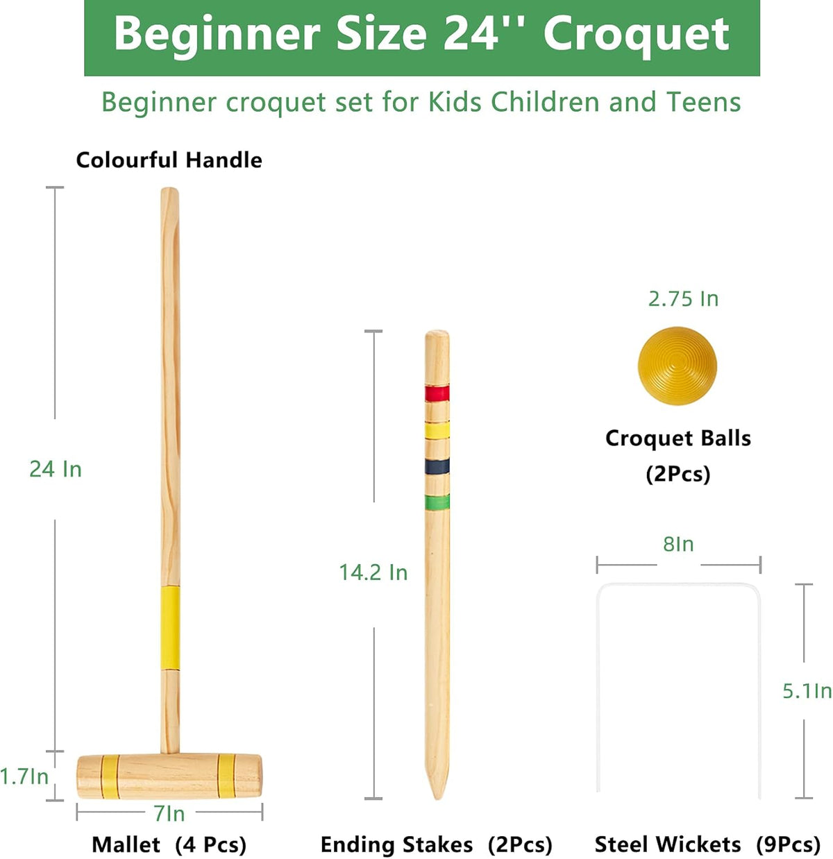 4 Players Croquet Set with Pine Wooden Mallets, Colored PE Ball, Wickets, End Stakes, Portable Carry Bag F363547