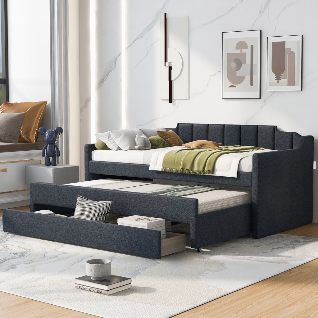 Twin Size Upholstered Daybed with Trundle and Drawers, Dark Gray U969530