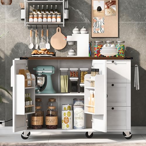 54.5" Farmhouse Mobile Kitchen Island with Power Outlet, Drop Leaf, Spice Rack and Drawer D231