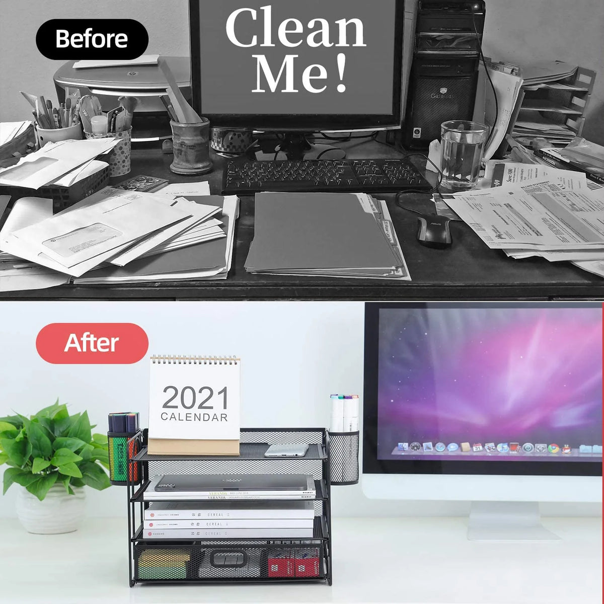 Black 4-Trays Mesh Desktop File Organizer with Drawer and Pen Holder R88168