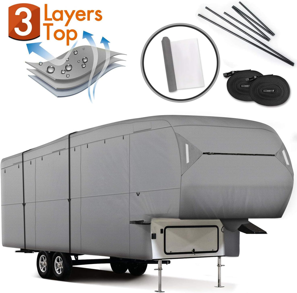 5th Wheel RV Cover 3-Ply Ripstop Waterproof with Steel Pole (26'-29') T48096