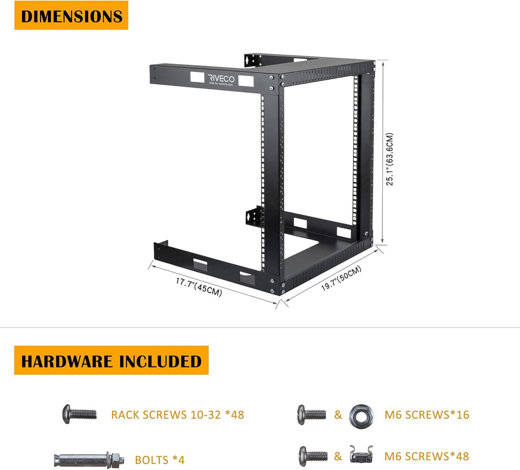 Black 12U 19 Wall Mount Server Rack, 17.7 Deep 2 Post Open Frame Cabinet C300435