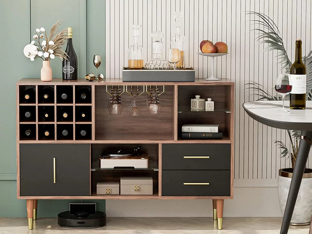 47 Inch Walnut Black Kitchen Sideboard Buffet Storage Cabinet with Wine Rack H56865
