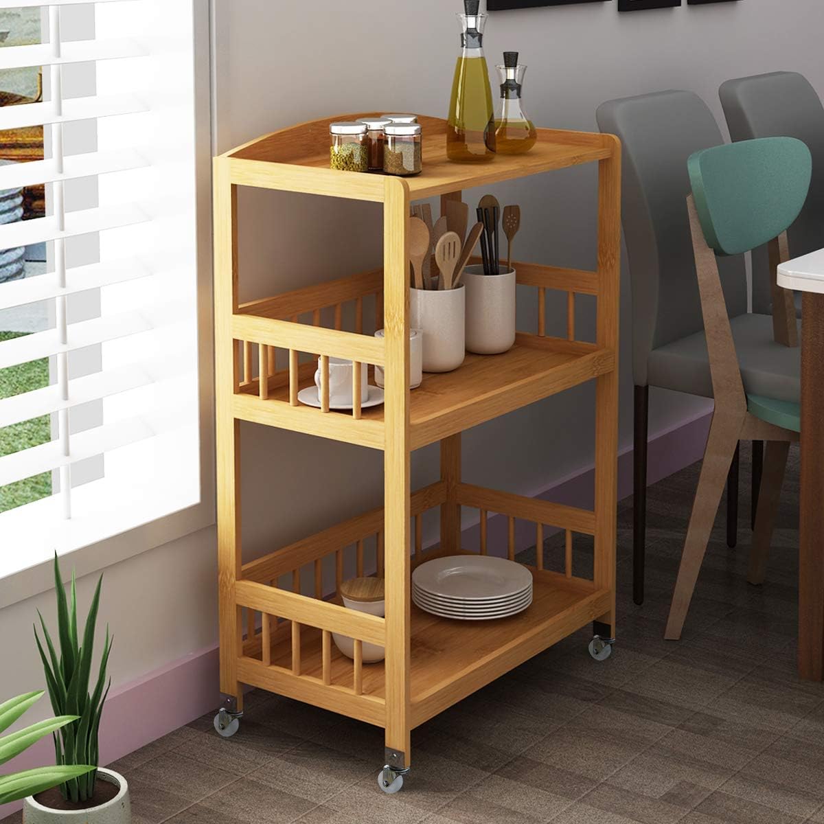 3-Tier Bamboo Storage Utility Cart on Wheels O536