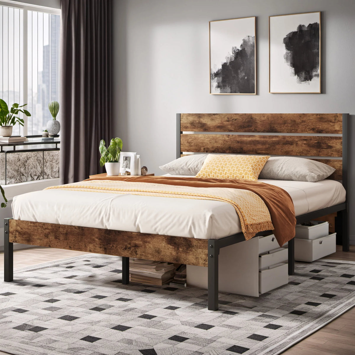 Queen Bed Frame with Wood Headboard and Footboard S342422