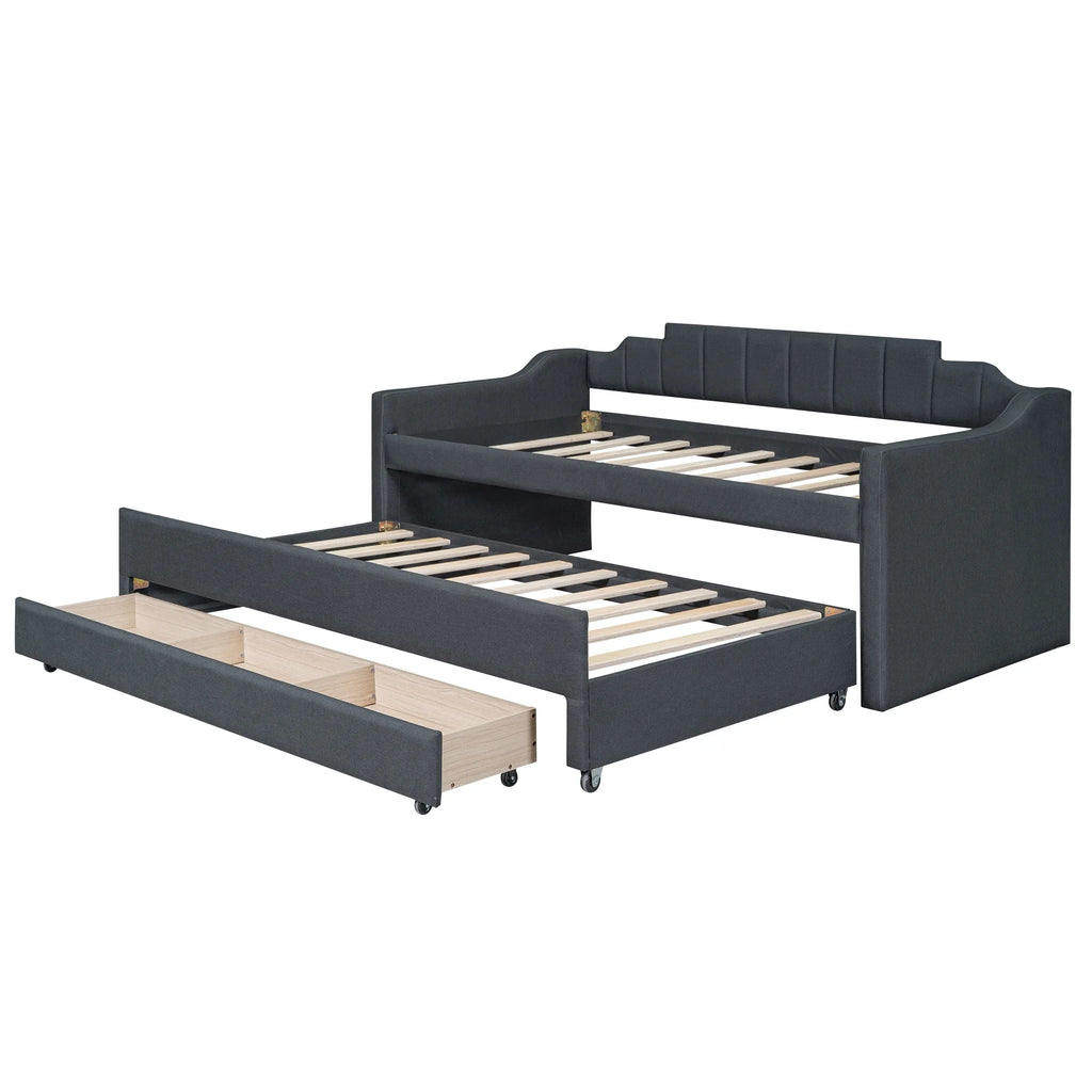 Twin Size Upholstered Daybed with Trundle and Drawers, Dark Gray U969530