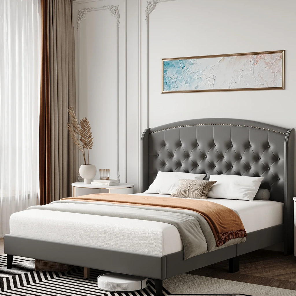 Full Size Beige Upholstered Platform Bed Frame with Wood Slats A104