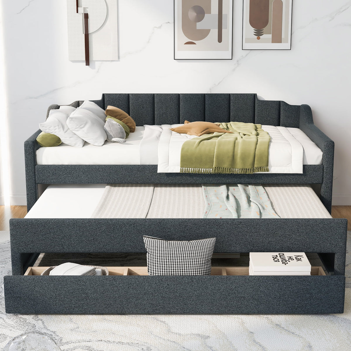 Twin Size Upholstered Daybed with Trundle and Drawers, Dark Gray U969530