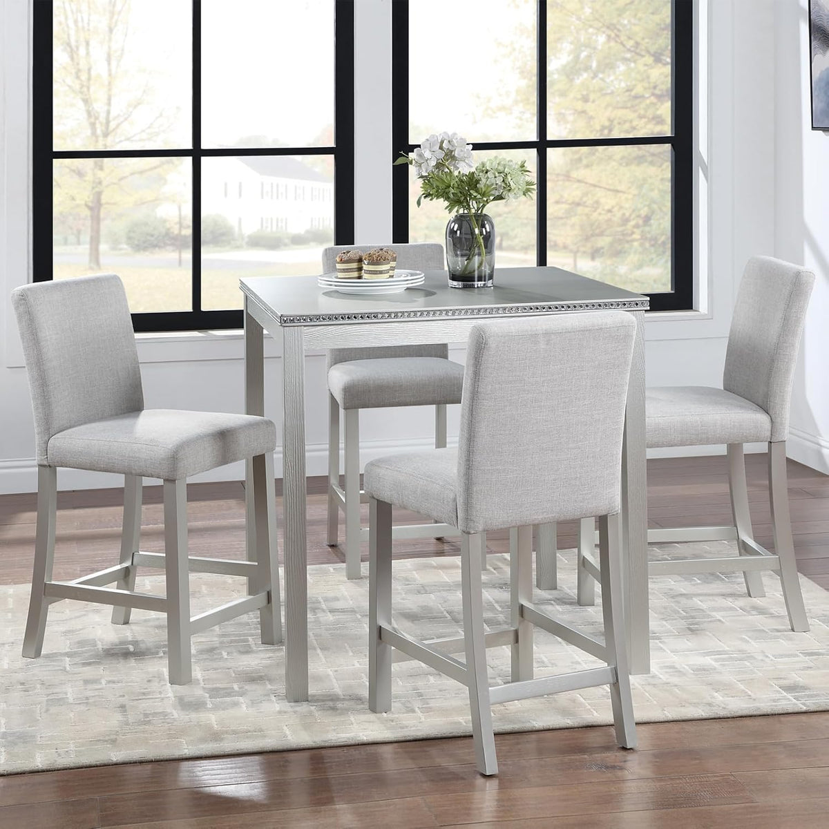 5-Piece Acacia Wood Counter Height Dining Table Set with 4 Upholstered-Seat Chairs L989130