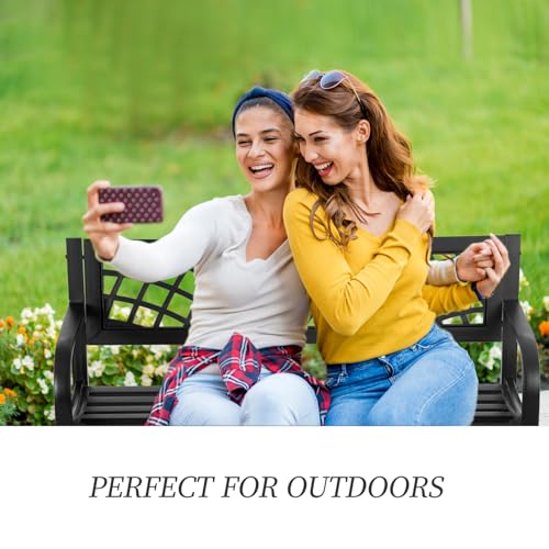Iron Steel Frame Patio Bench with Mesh Pattern and Plastic Backrest Armrests, Black E3821