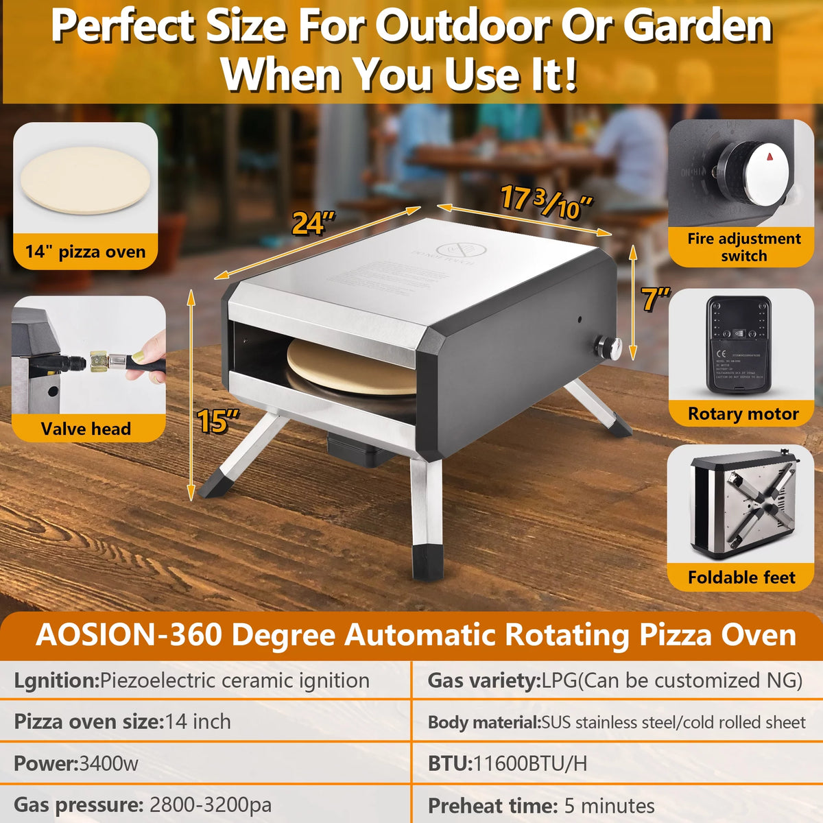 Portable Stainless Steel Gas Pizza Oven with 14" Pizza Stone T699098