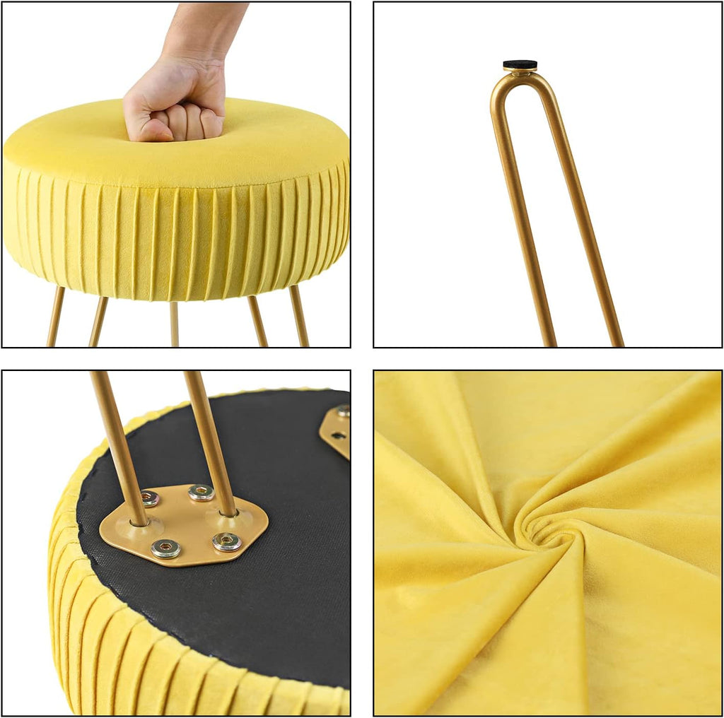 Yellow Velvet Round Vanity Chair with Golden Metal Legs O953