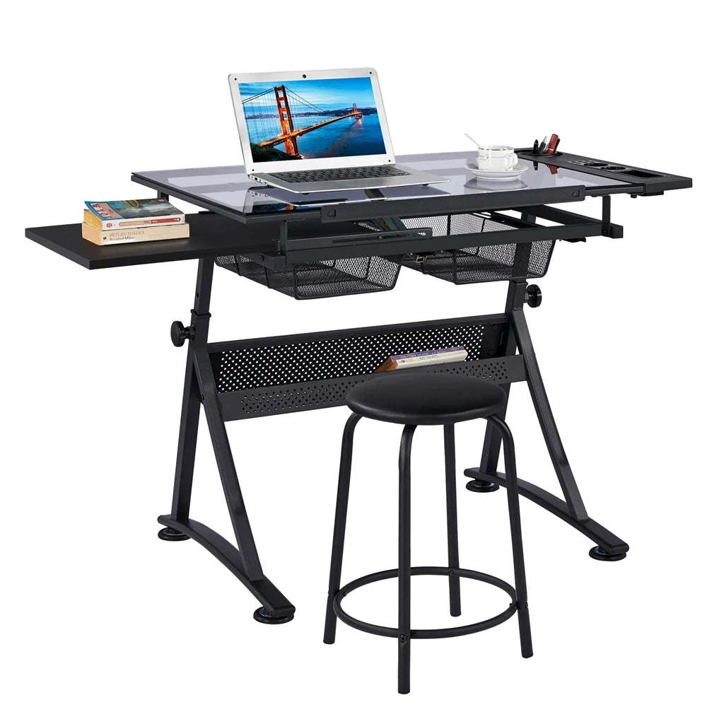 Black Adjustable Glass Top Drafting Table with Stool Q943589