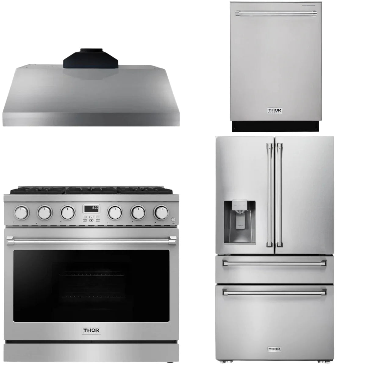 36 Gas Range, Range Hood, Refrigerator and Dishwasher O469407