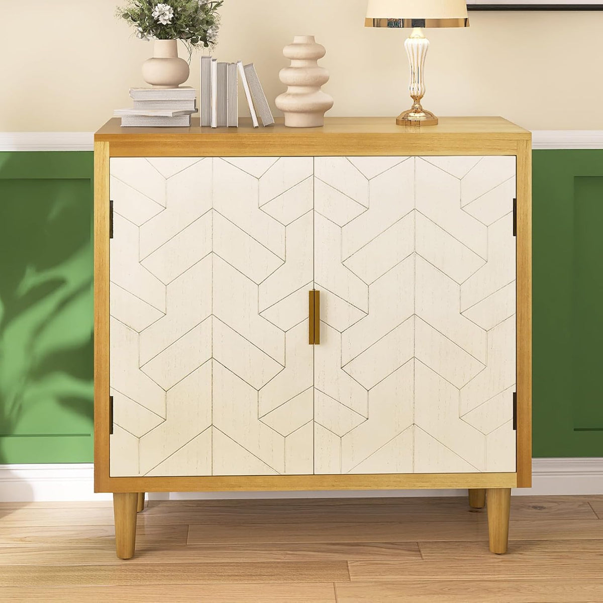 Hand-Carved Sideboard Buffet Cabinet with Solid Pine Legs, Caramel Oak I413