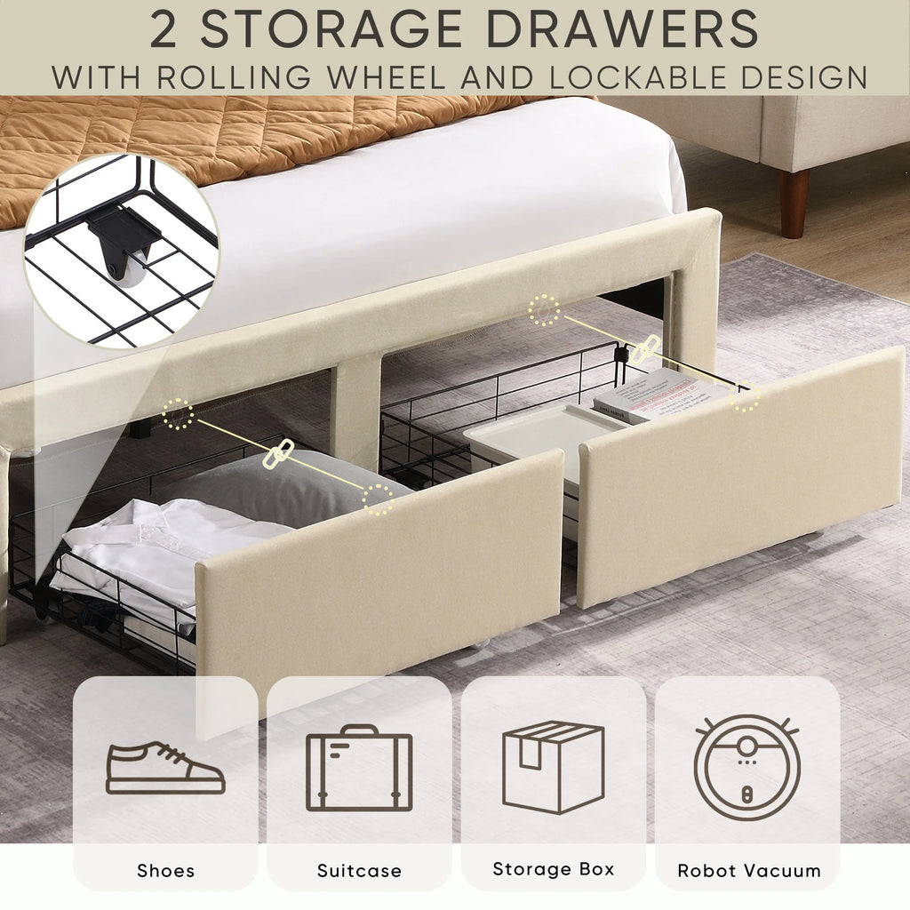 Beige Full Size Bed Frame with 2 Storage Drawers R8193
