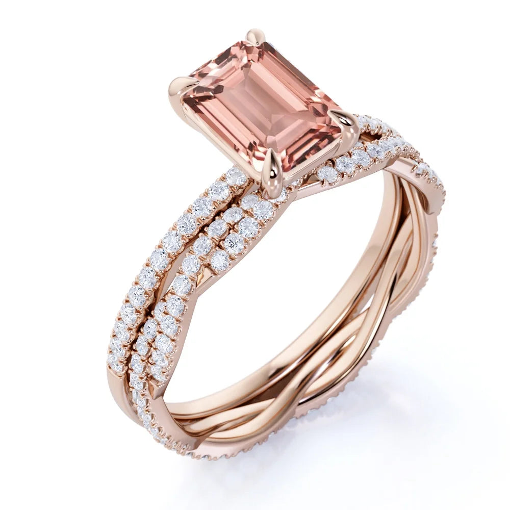 2 Carat Emerald Cut Morganite Bridal Trio Set L8842