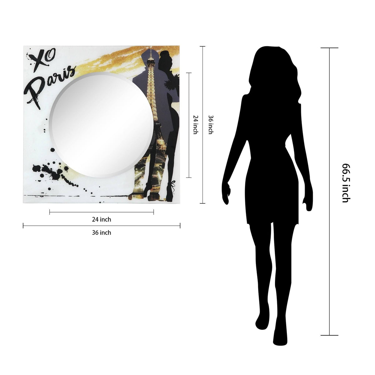36 in. Square Reverse Printed Tempered Glass Art with 24 in. Round Beveled Mirror D880