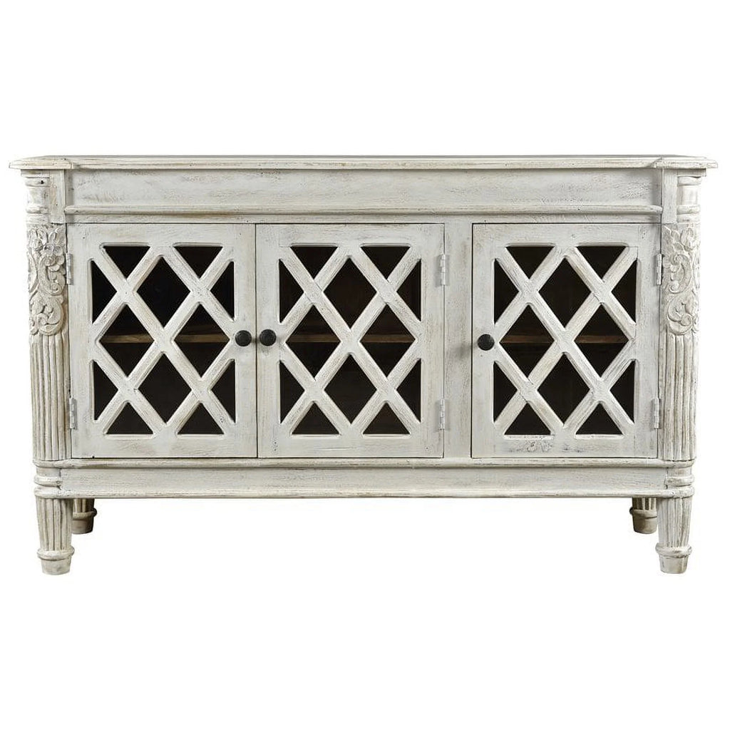 Solid Wood 3 Door Sideboard with Glass Inserts in White E164948