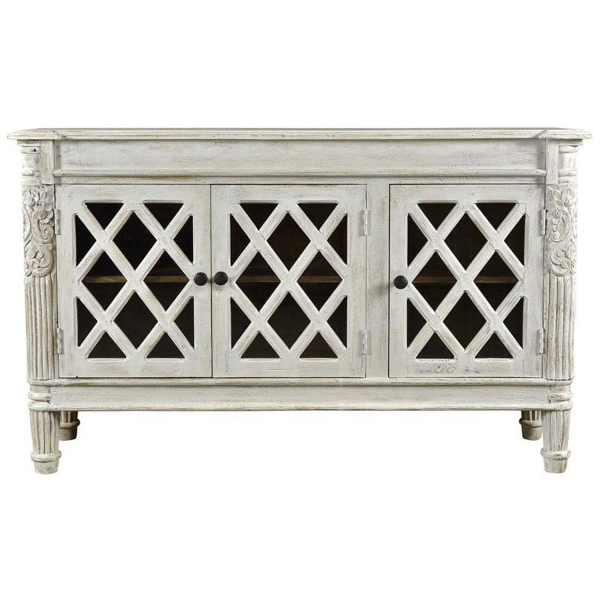 Solid Wood 3 Door Sideboard with Glass Inserts in White E164948