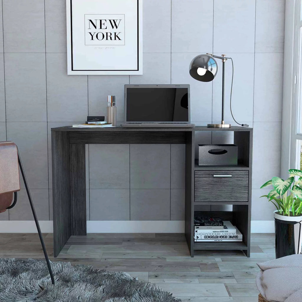 Grey Oak Computer Desk with Drawer and Two Shelves F2376
