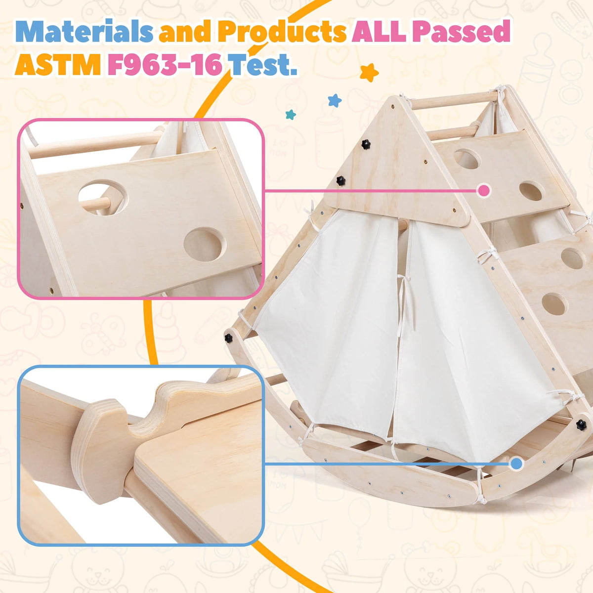 Foldable Wooden Climbing Triangle Ladder with Ramp B13434