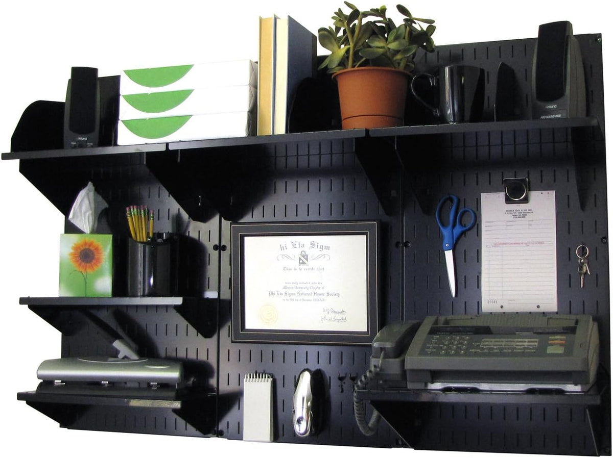 Black Wall Mounted Office Storage Organizer Kit with Metallic Wall Panels O535