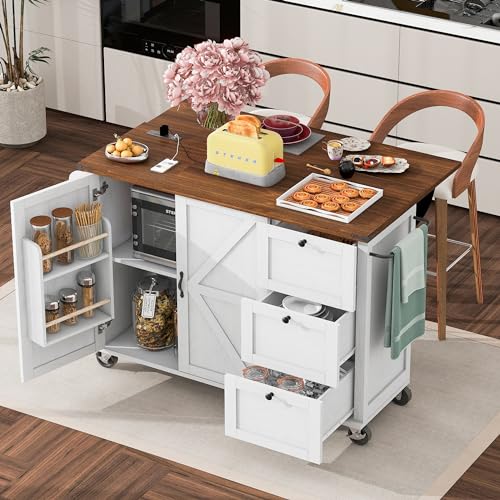 54.5" Farmhouse Mobile Kitchen Island with Power Outlet, Drop Leaf, Spice Rack and Drawer D231